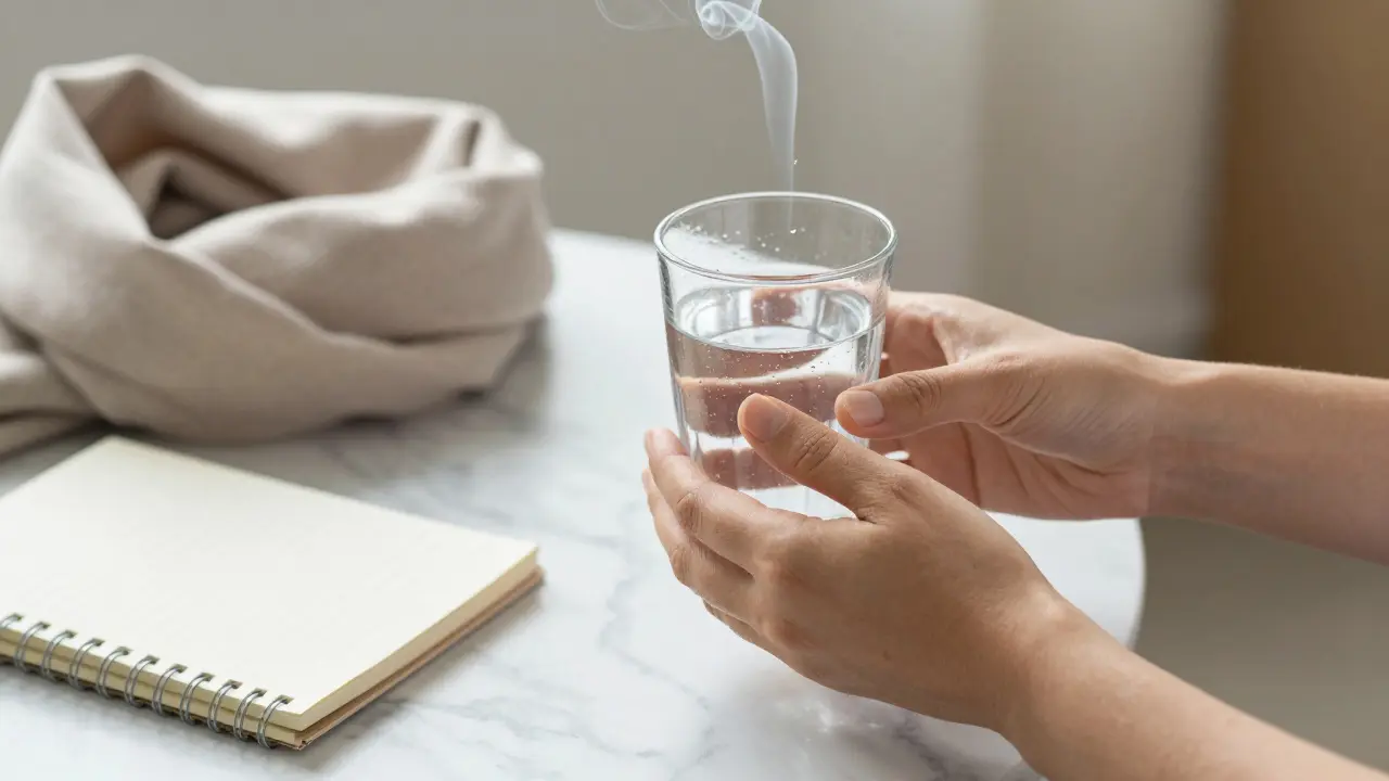 Hands exchange a glass of water in silent farewell, with sandalwood smoke curling nearby in dignified stillness.