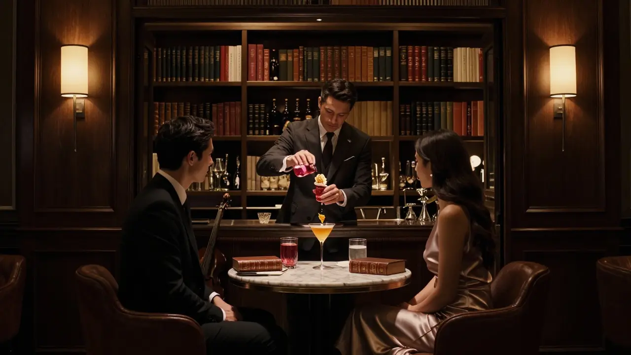 Hidden lounge behind a bookshelf, bartender crafting a golden rosewater cocktail under soft ambient lighting.