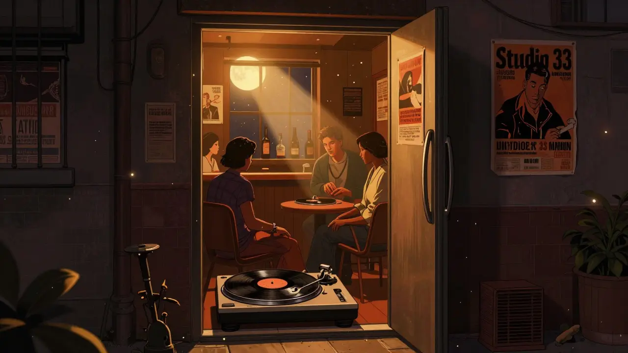 Hidden speakeasy bar Studio 33 with vinyl records and dim amber lighting, patrons listening to live music.