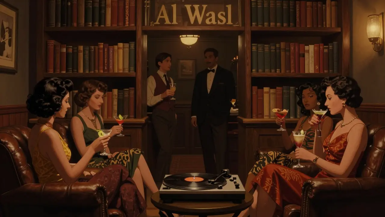 Hidden speakeasy behind a bookshelf with dim lighting, leather chairs, and jazz records in a quiet residential setting.