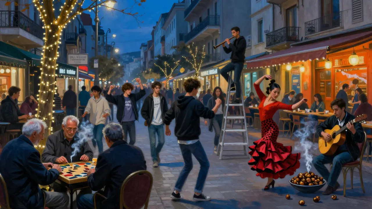 Istiklal Avenue at night, teens dancing to K-pop beside elders playing backgammon under string lights.