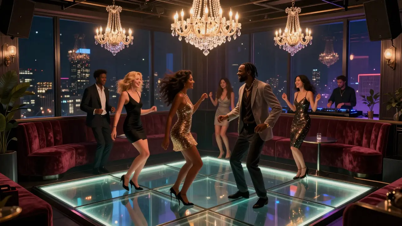 Luxury nightclub with glowing dance floor and velvet seating, vibrant nightlife energy.