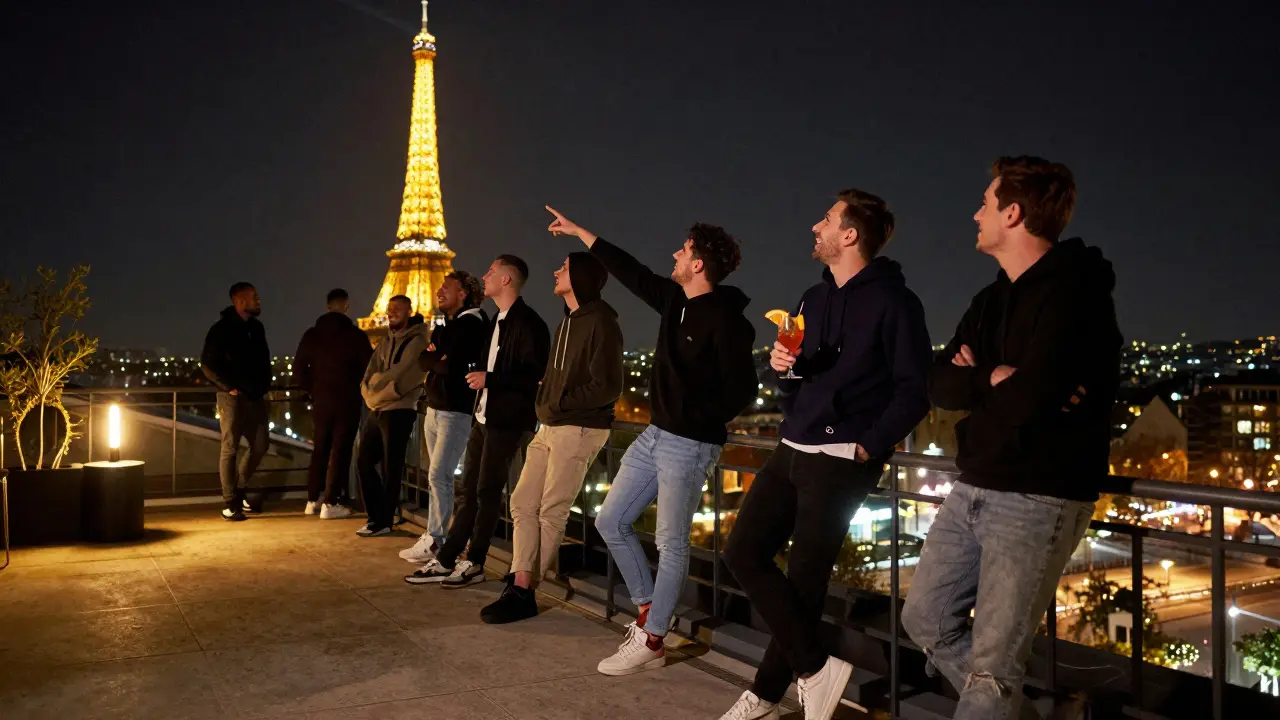 Men on a rooftop terrace overlooking the glowing Eiffel Tower, drinking cocktails under city lights.