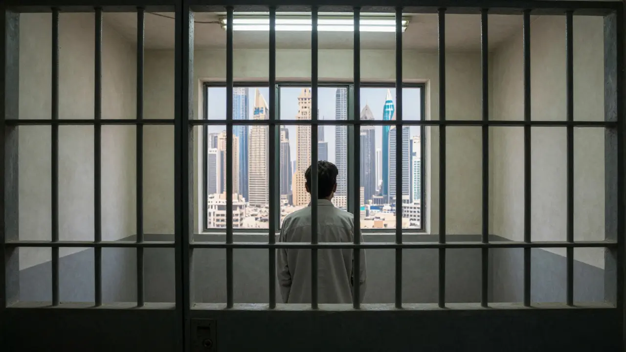Person in jail cell looking at Dubai skyline through barred window.