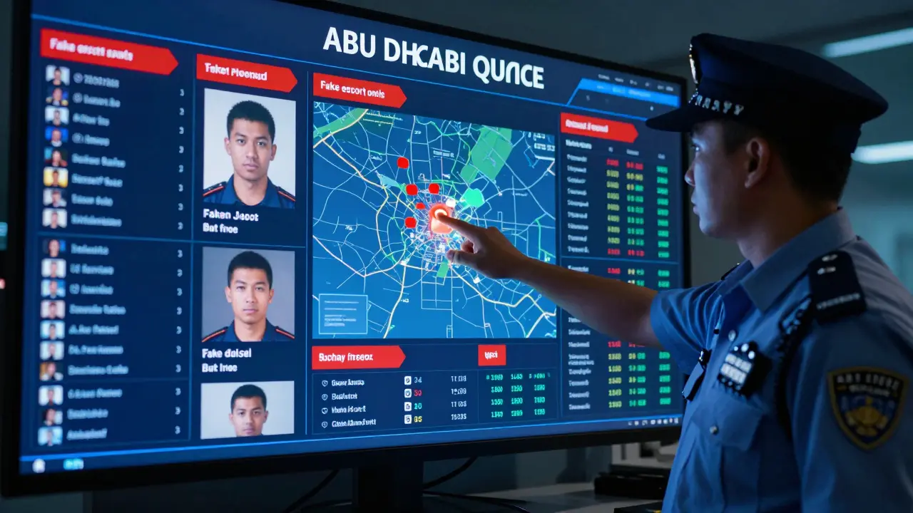 Police cyber unit monitoring fake escort service scams on digital screens with flagged websites.