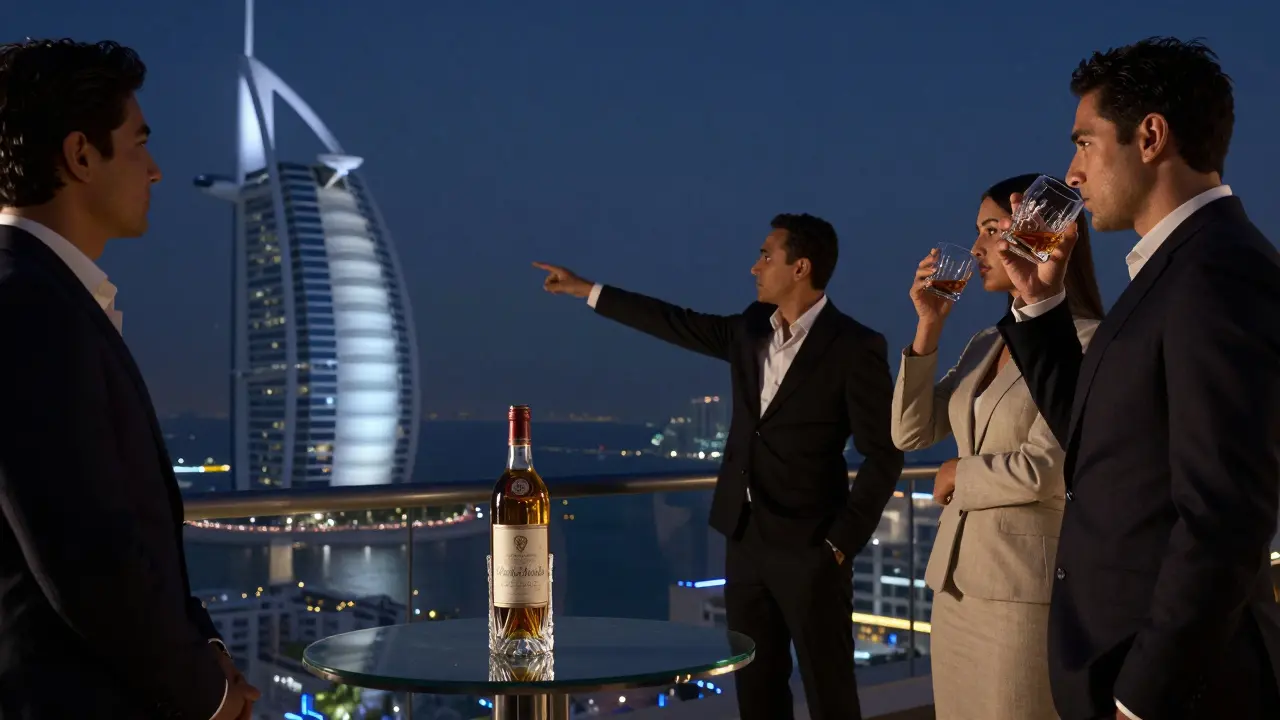 Private penthouse terrace at midnight with guests overlooking Dubai’s skyline, a rare wine bottle glowing in moonlight.