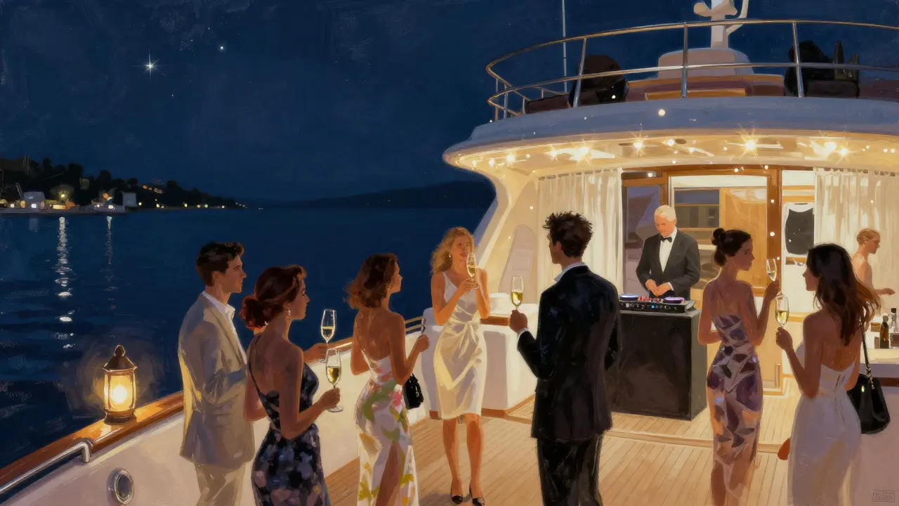 Private yacht party with live DJ and champagne under starry night sky.
