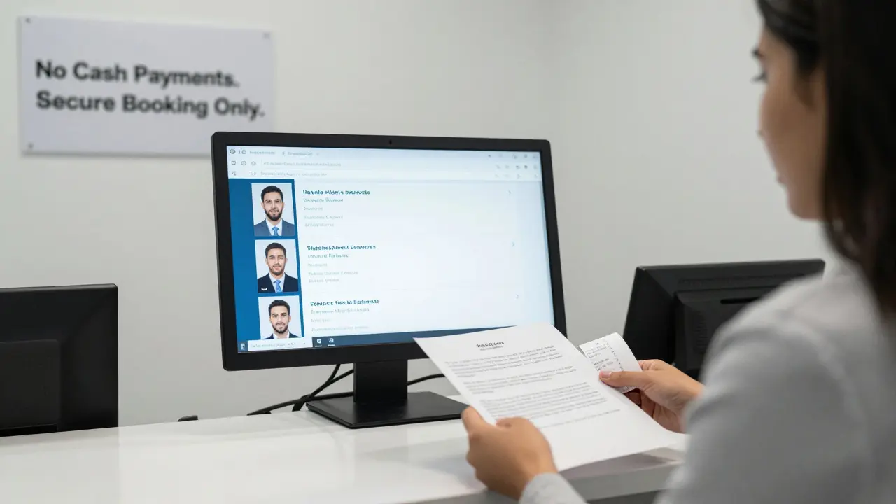 Professional escort agency office showing verified profiles and secure payment receipt.