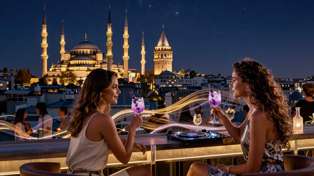 Rooftop bar in Istanbul with glowing Blue Mosque and Galata Tower in the distance, people sipping cocktails under the stars.