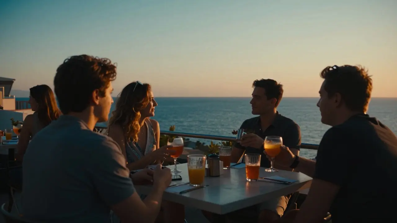 Rooftop bar with Mediterranean sunset views and guests enjoying drinks.