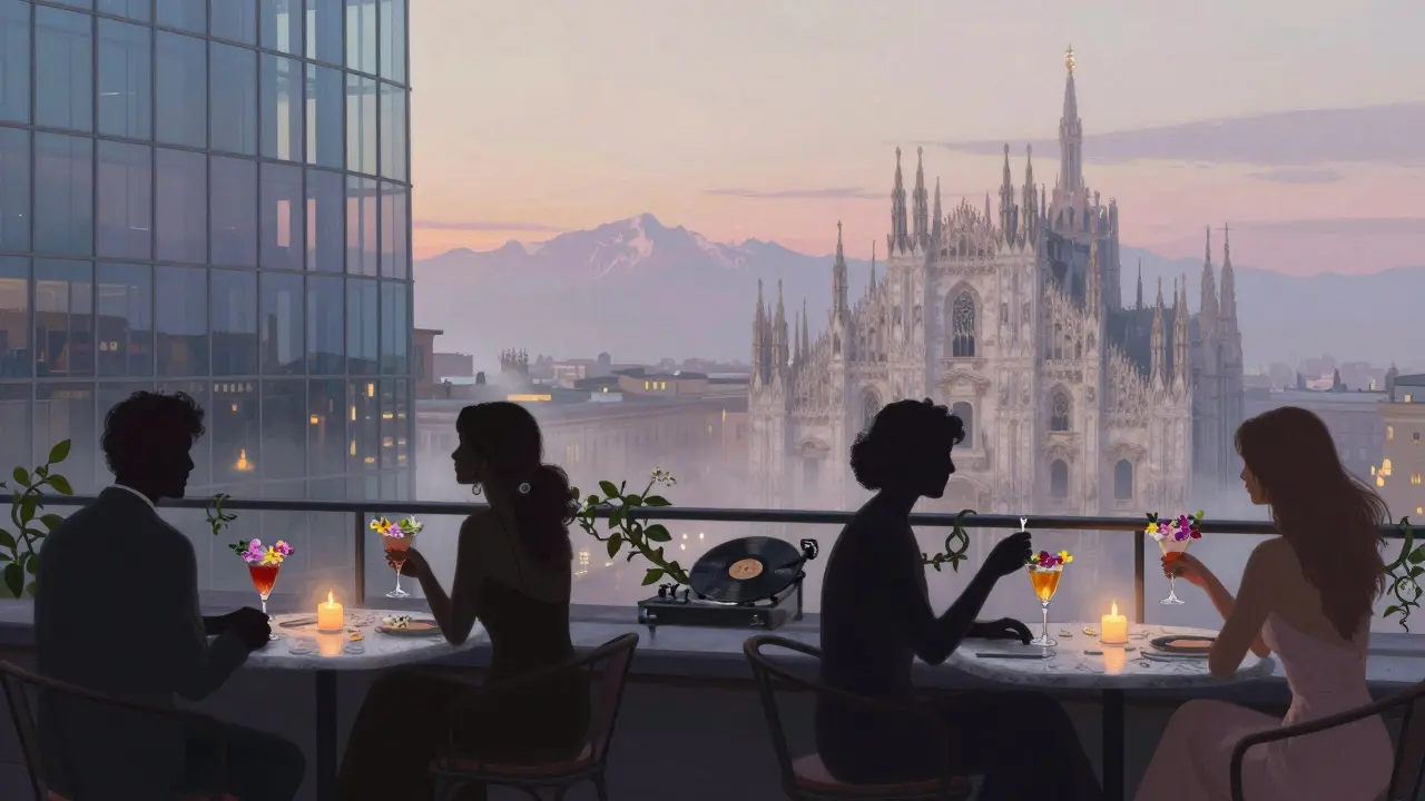Rooftop lounge in Milan at dawn with skyline views, guests sipping cocktails as the city wakes up.