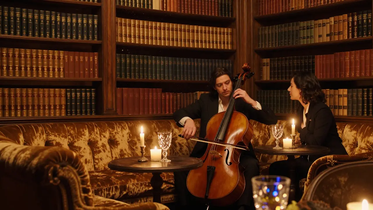 Secret library lounge with a cellist playing by candlelight among velvet couches and bookshelves.