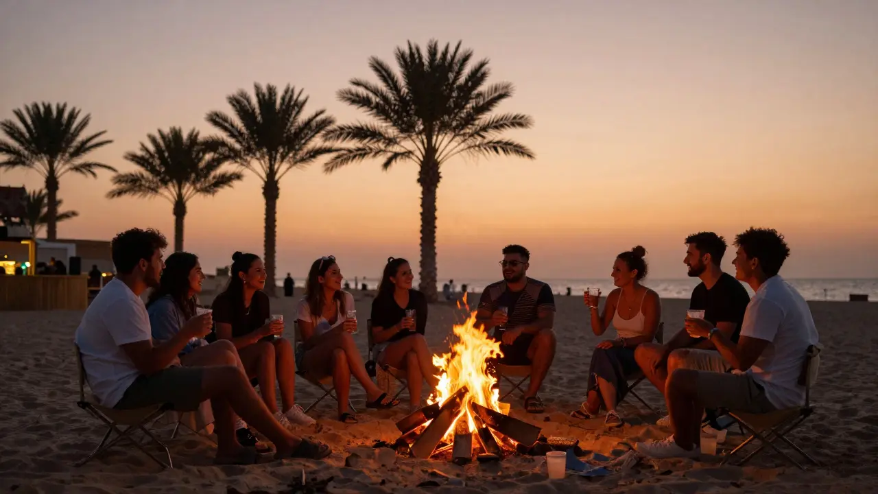 Sunset beach party with bonfire and diverse group enjoying drinks on sand, palm trees silhouetted against glowing sky.
