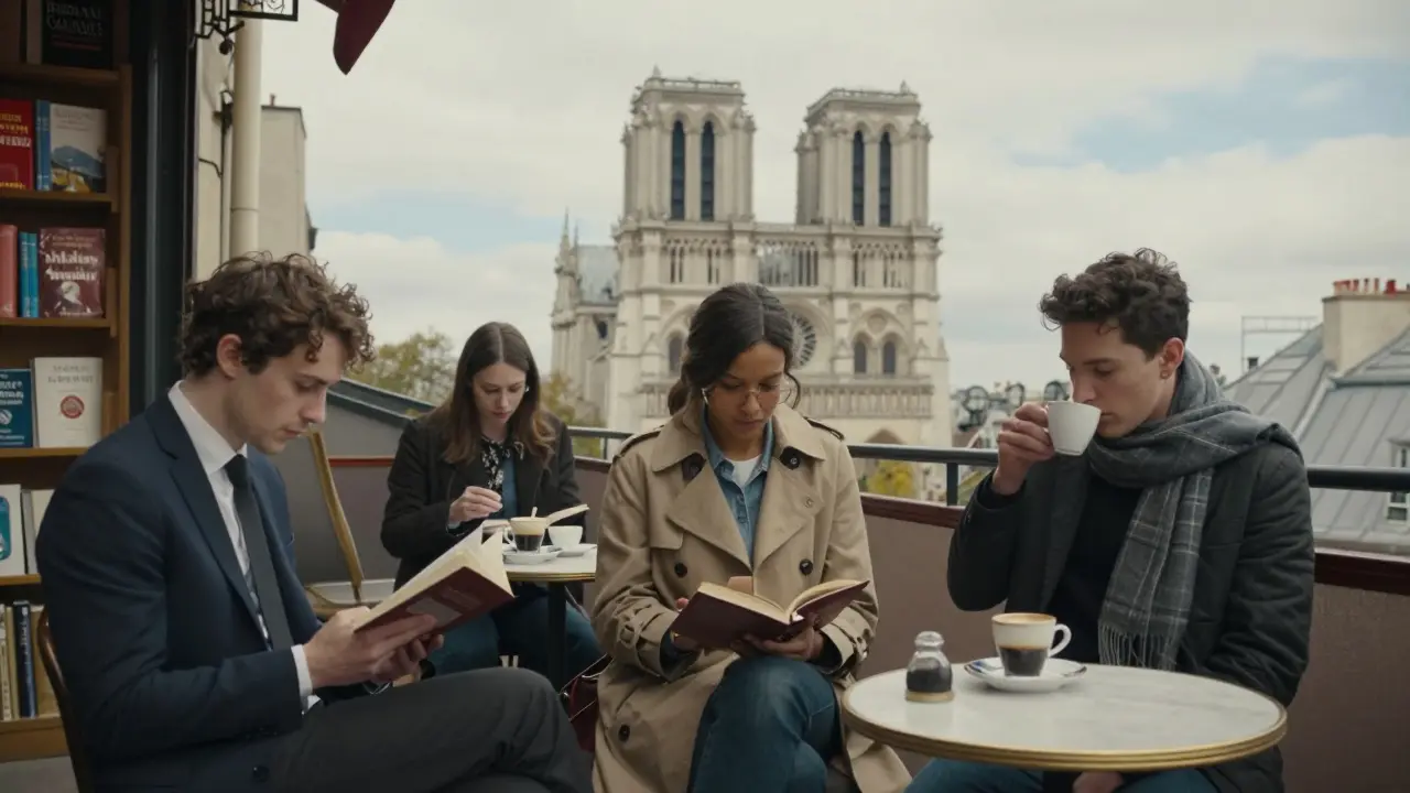 Three individuals experience quiet, personal moments across Paris — reading, sipping coffee, and viewing the city from a rooftop.