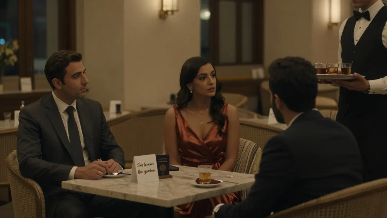 Three quiet individuals in a luxury lounge, none interacting, a folded note on the table with no text visible.