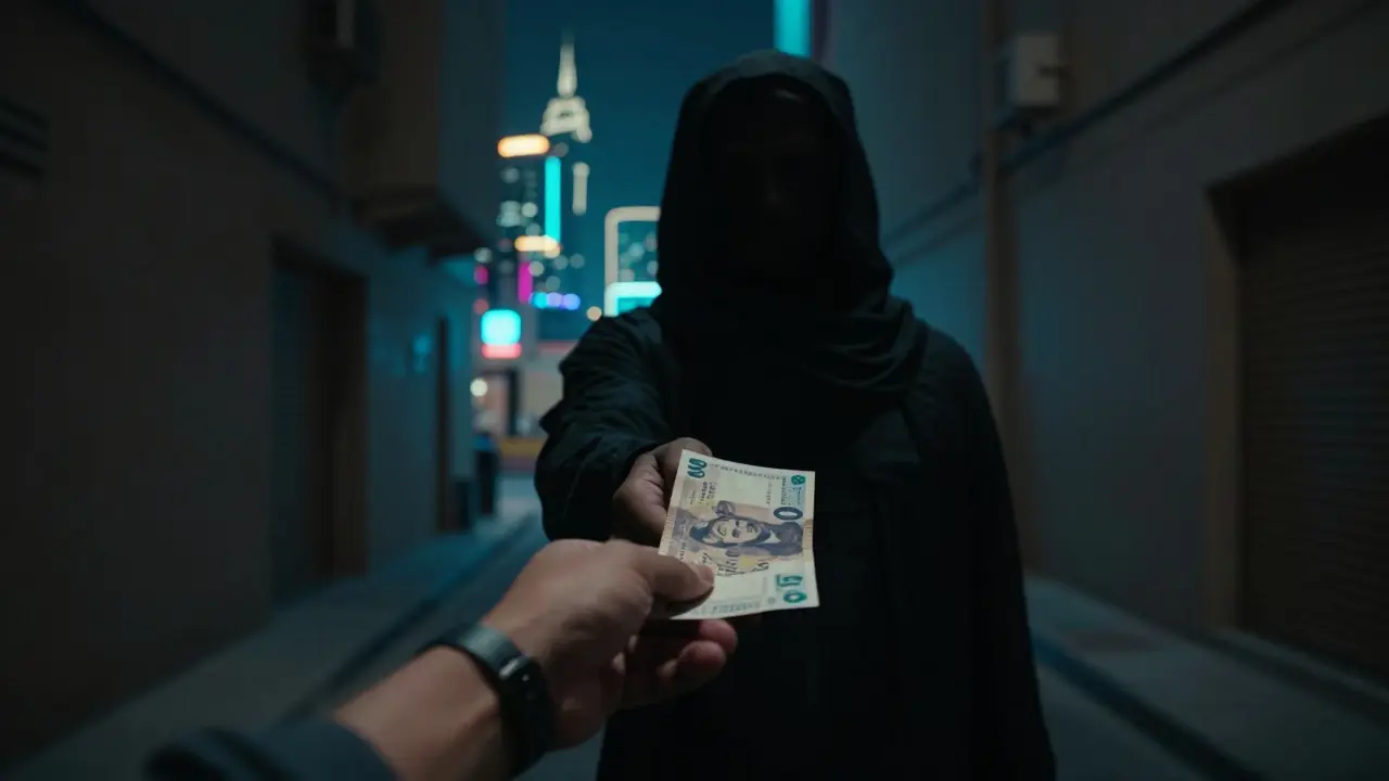 Traveler handing cash to shadowy figure in alley with city skyline