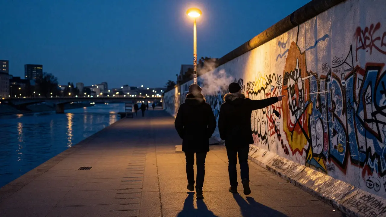 Two individuals walking along the Spree River at night, viewing graffiti art on the Berlin Wall.