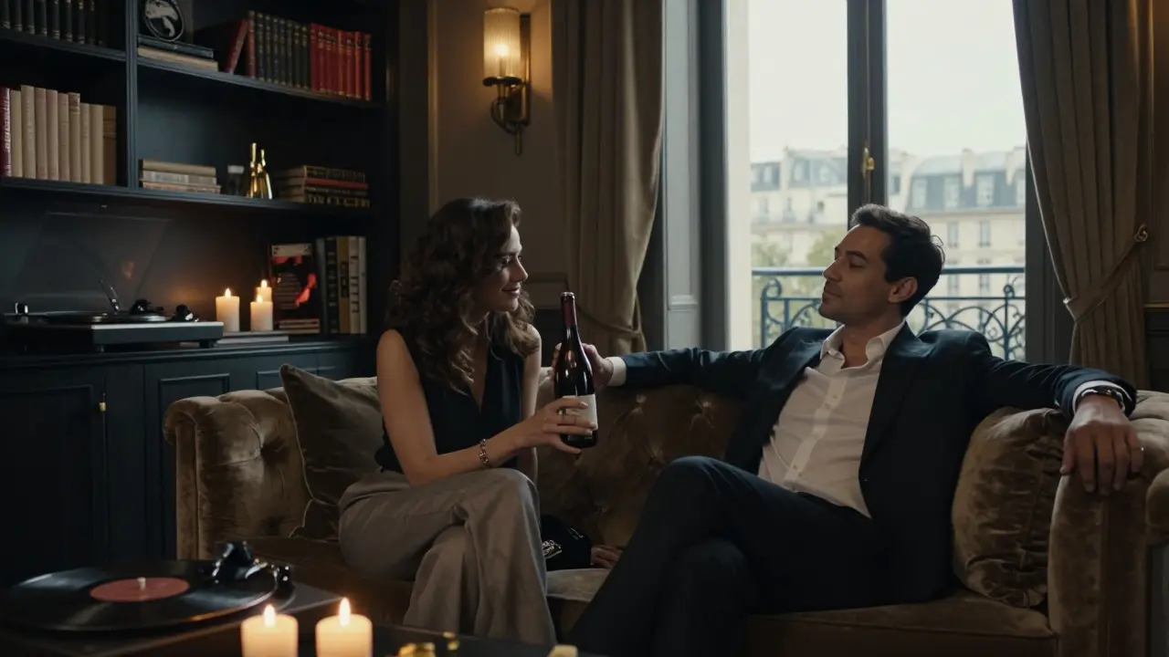Two people sit together in a cozy Parisian apartment, sharing wine and listening to jazz, surrounded by books and candlelight.