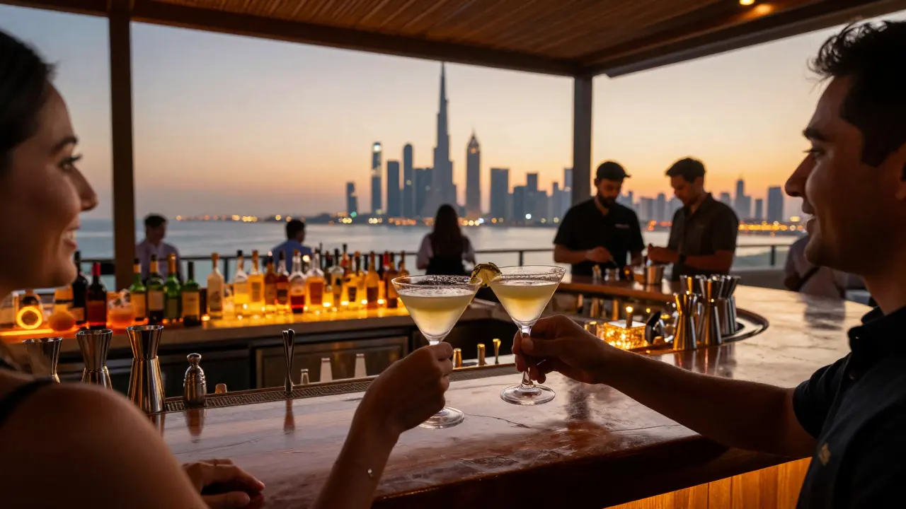 Two people toasting Date Martinis at 360 Lounge with Abu Dhabi's skyline glowing at sunset.