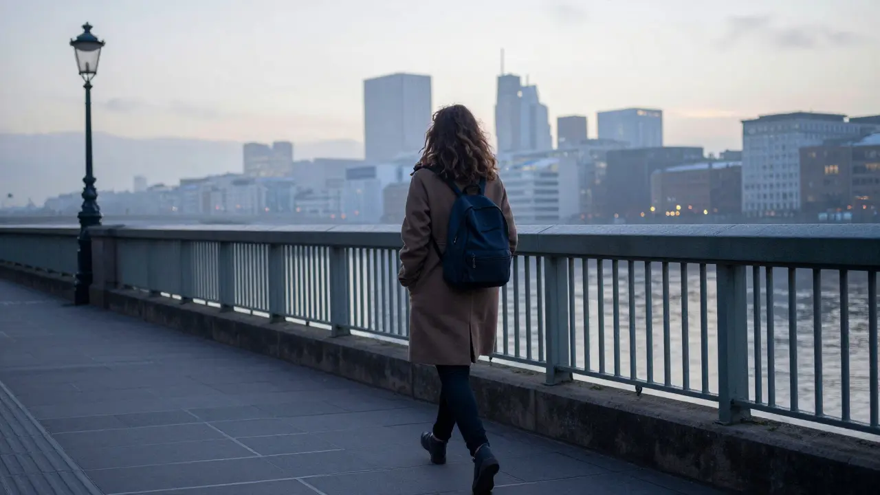 Woman walking alone along the Thames at sunrise, backpack, city waking up behind her.