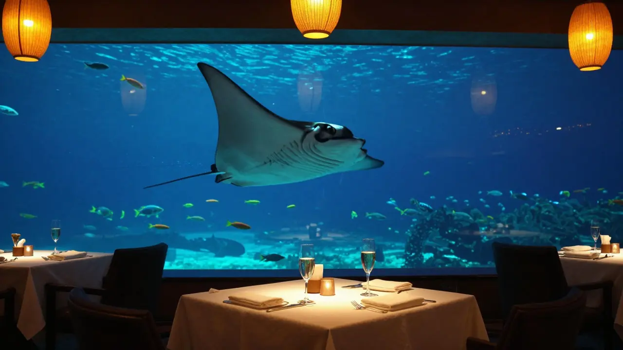 A champagne glass beside an aquarium where a manta ray glides past, lit by warm restaurant lighting.