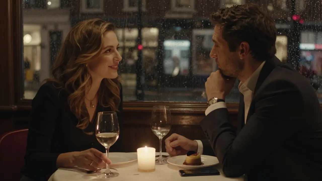 A client and escort share a quiet, respectful dinner with genuine connection.