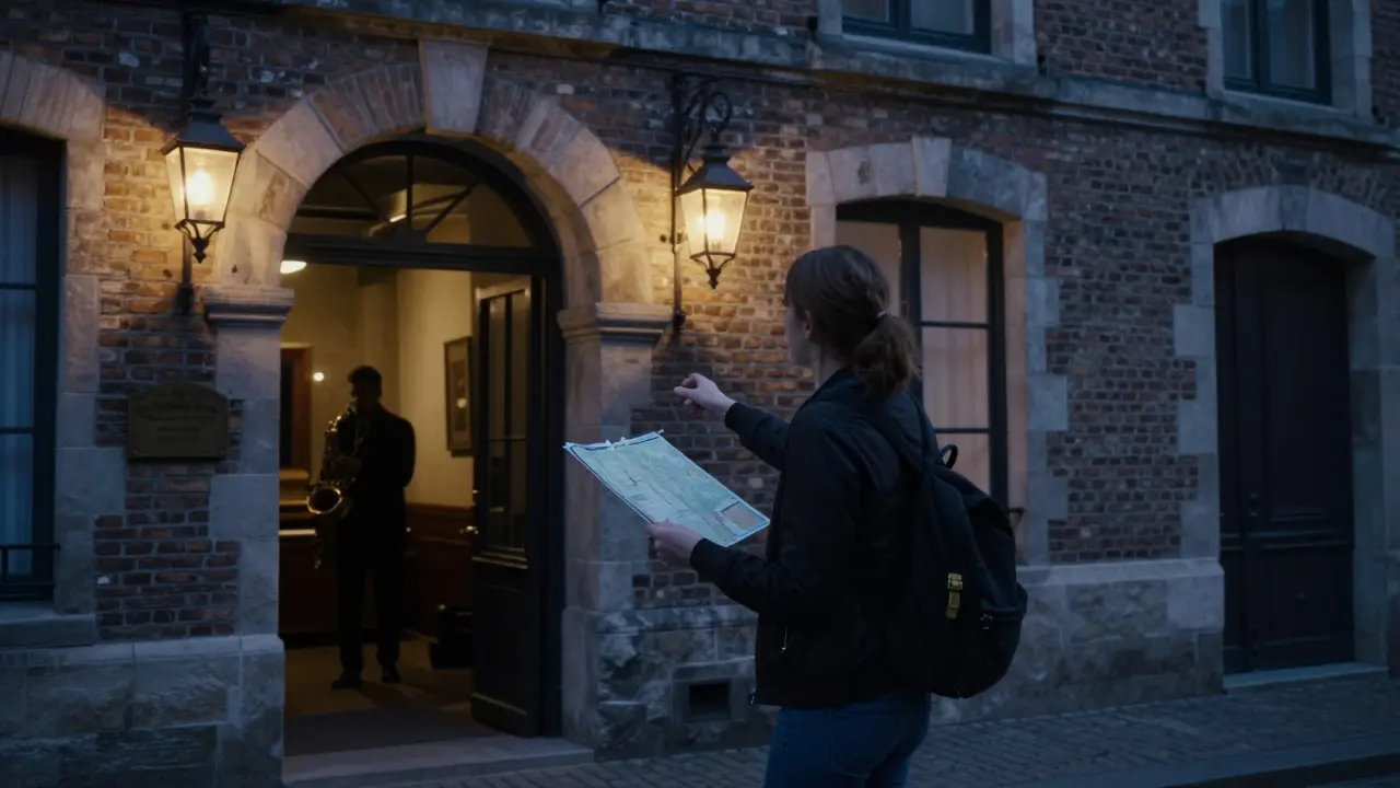 A companion guiding a client through Le Marais toward a hidden jazz bar at dusk.