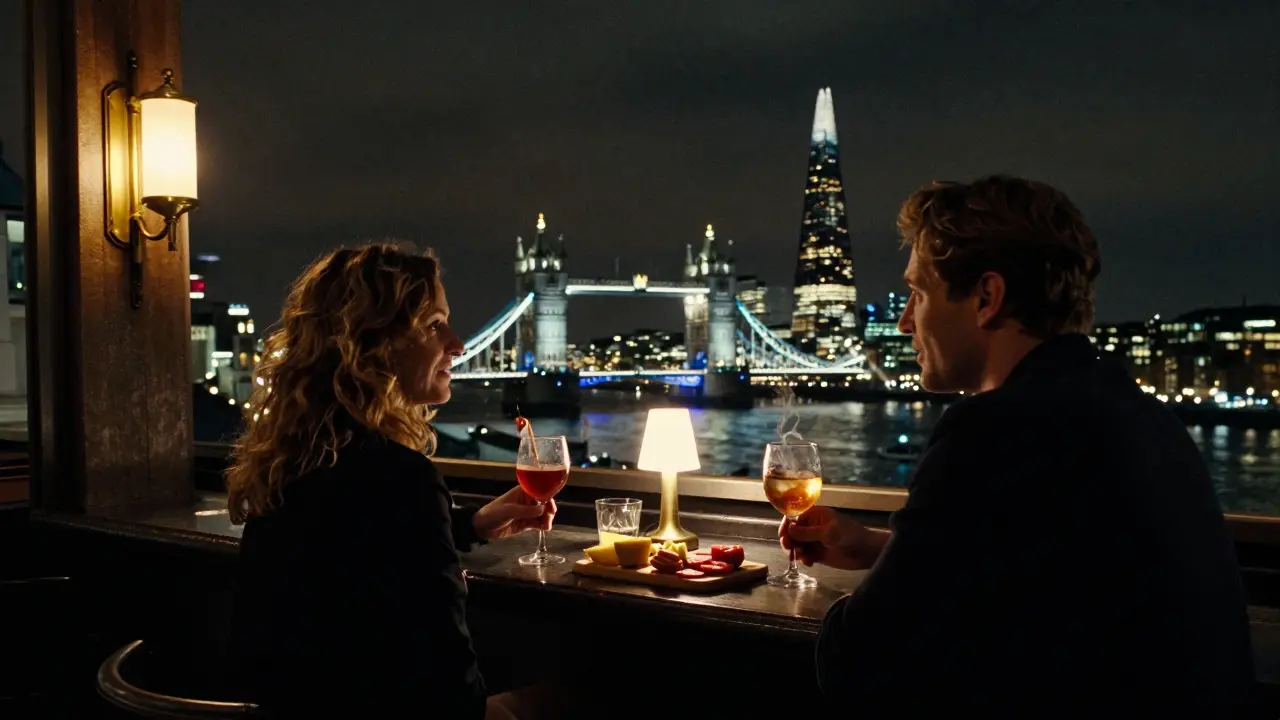 A couple at a rooftop bar, sipping cocktails as London's skyline glows behind them in the night.