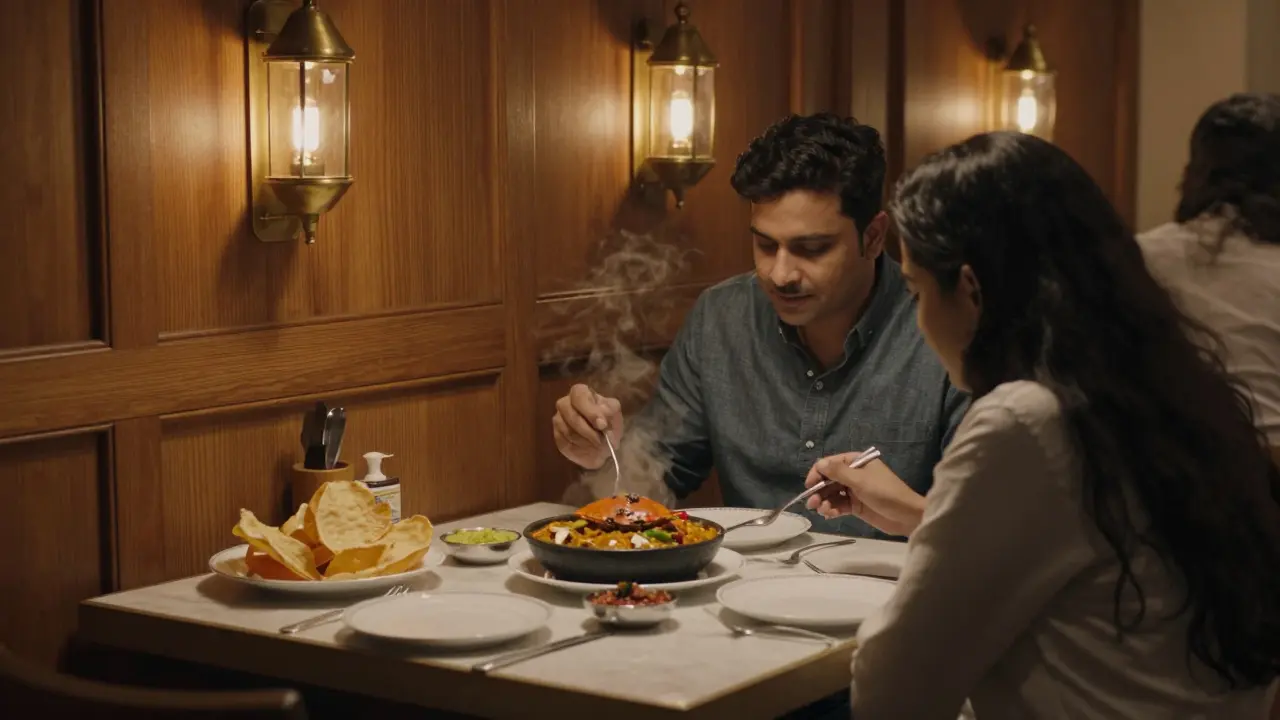 A couple enjoying crab ghee roast at a quiet, wooden-paneled Indian restaurant with warm lantern lighting.