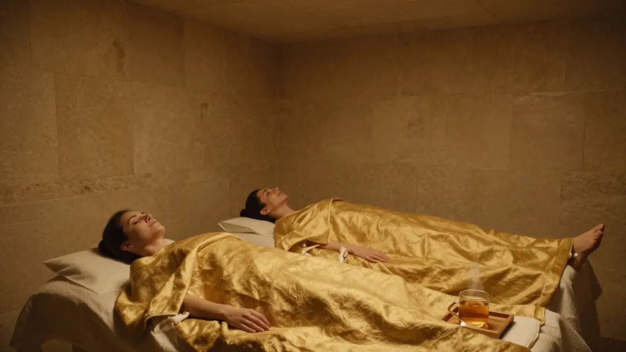 A couple lying under heated blankets in a minimalist spa room, golden light glowing softly around them in serene silence.