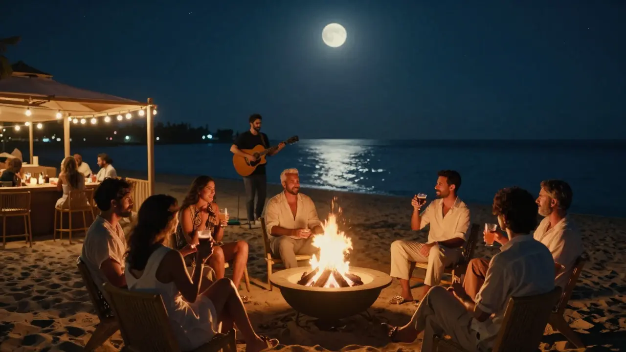 A cozy beachside fire pit at La Mer with locals relaxing under string lights and stars.