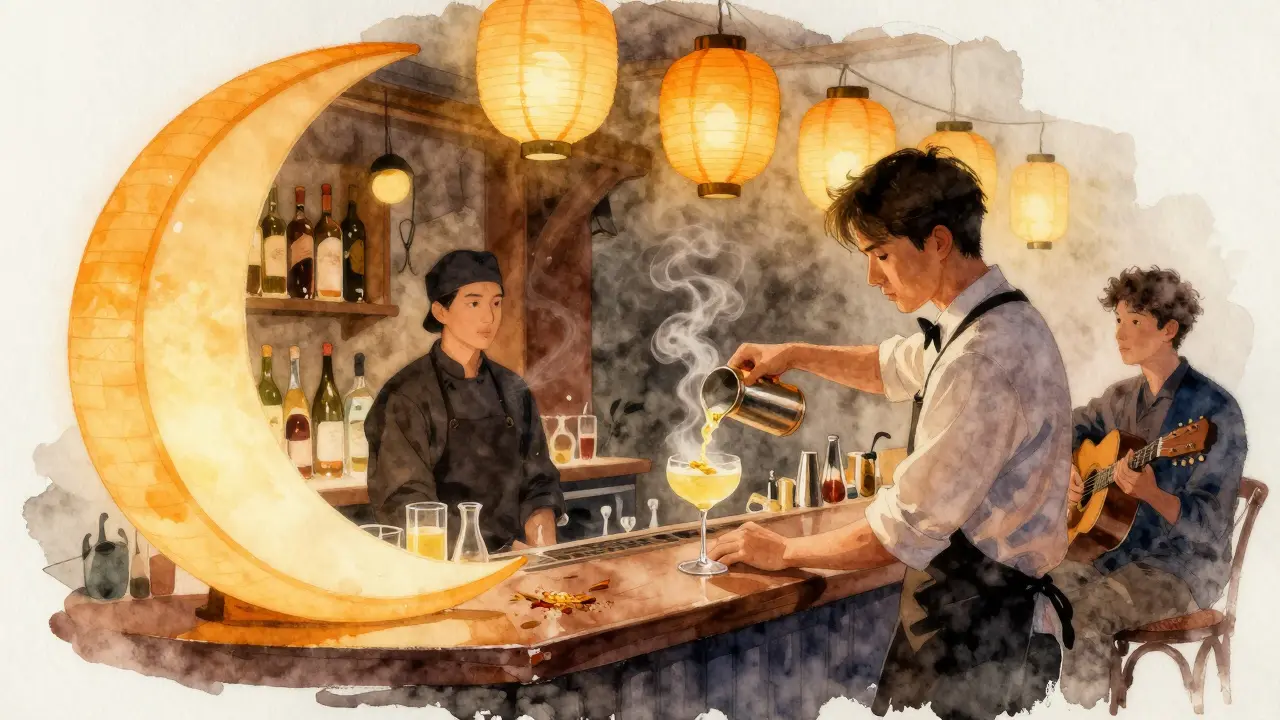 A crescent bar with paper lanterns as a mixologist prepares a yuzu sour, two silent patrons sharing a quiet moment.
