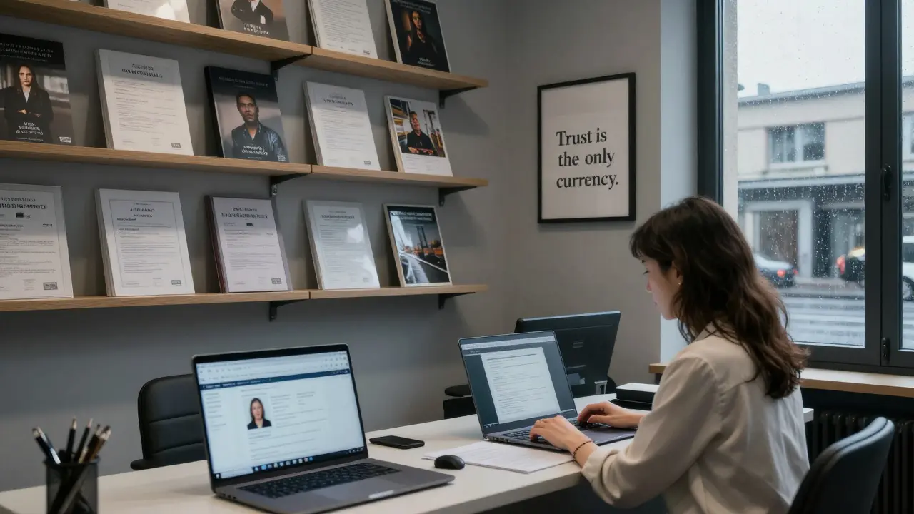 A discreet escort agency office in Milan at dawn, displaying curated client portfolios and encrypted profiles under soft natural light.
