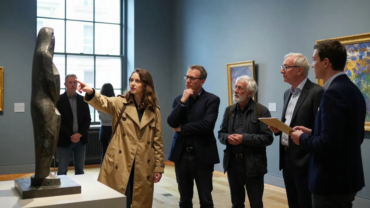 A diverse group of people explore an art gallery together, connected through shared appreciation.