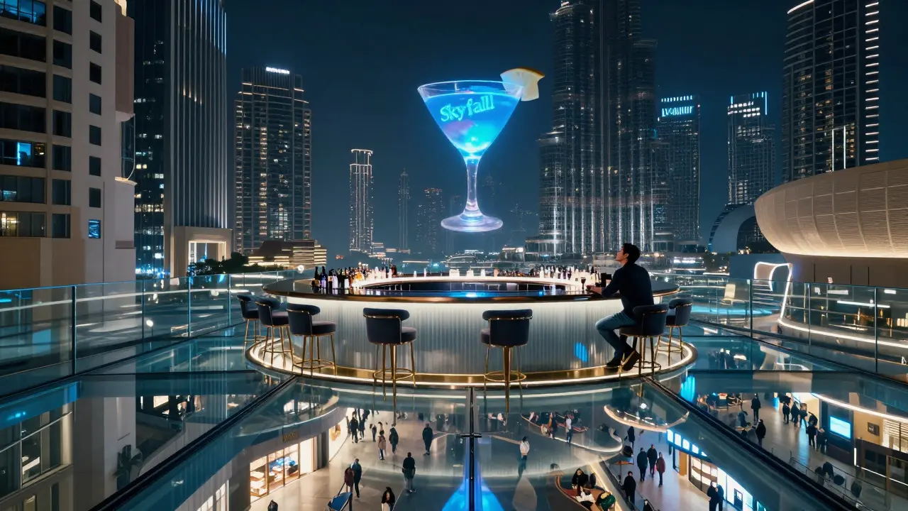 A glowing cocktail appears to float above Dubai Mall through a transparent glass bar floor at night.