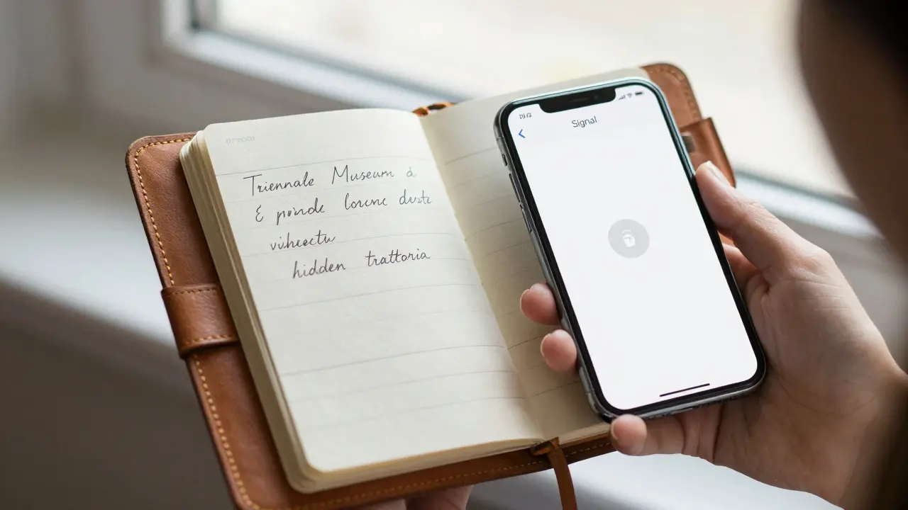A handwritten note about cultural experiences in Milan, beside an encrypted messaging app on a phone.