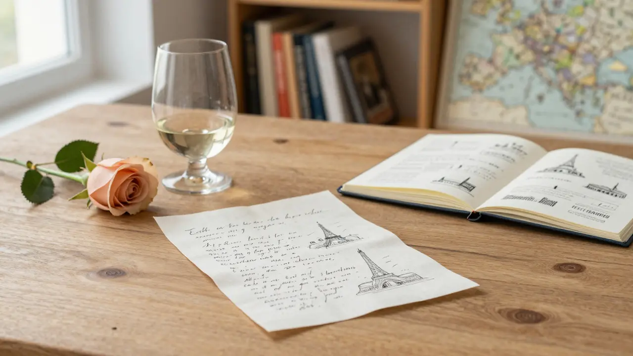 A handwritten note, wine glass, and rose on a wooden table with a Parisian map in the background.
