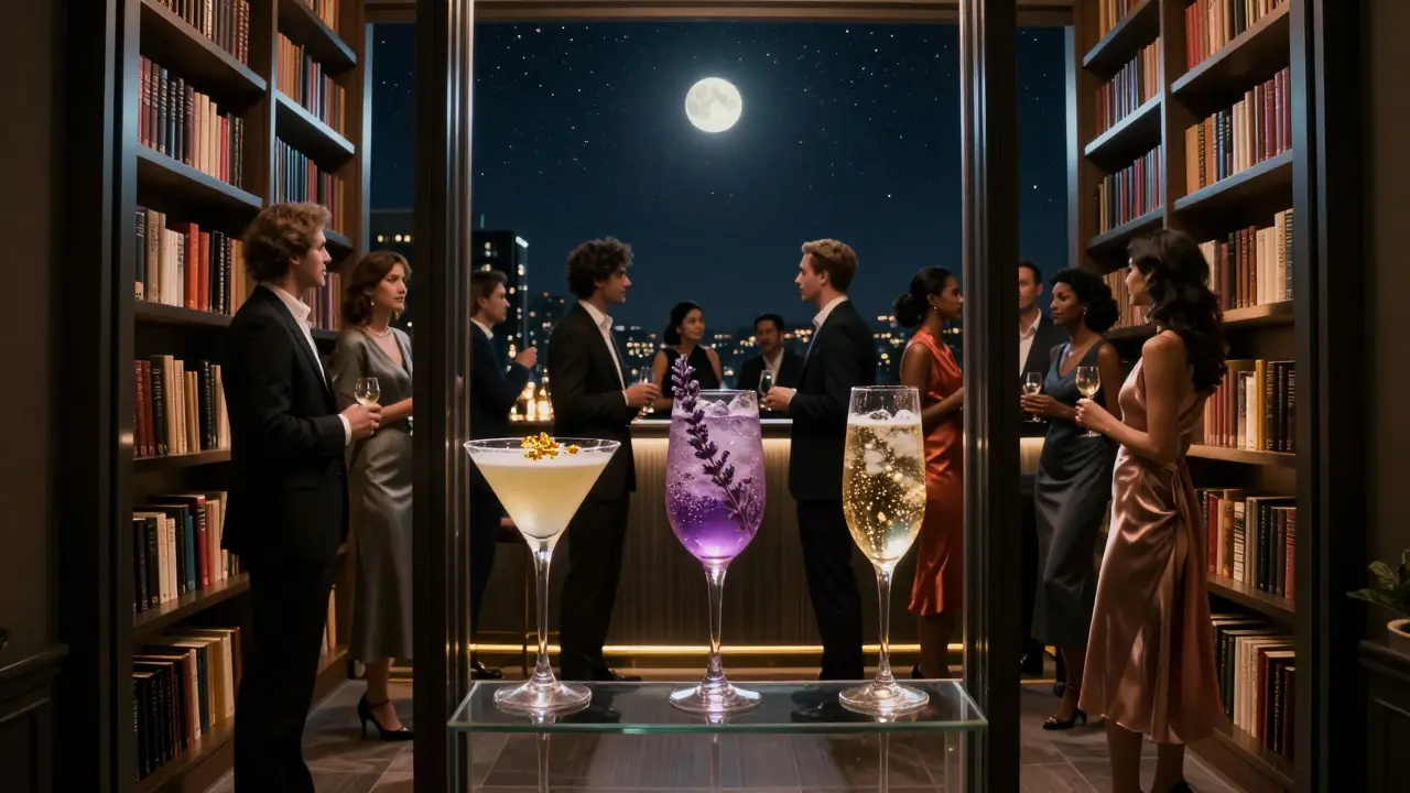 A hidden rooftop lounge atop Fairmont Monte Carlo, guests in elegant attire enjoying signature cocktails under the stars.