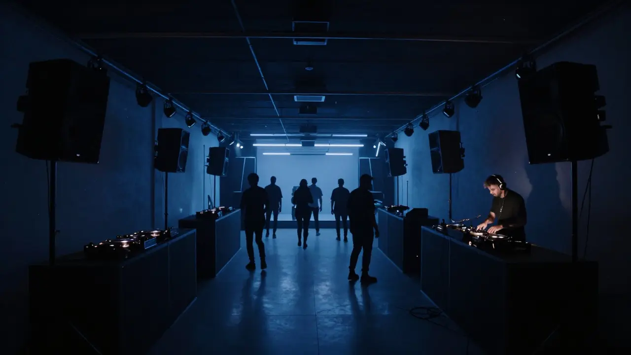 A hidden underground club with a long white corridor leading to a pulsing dance floor under ambient lights.