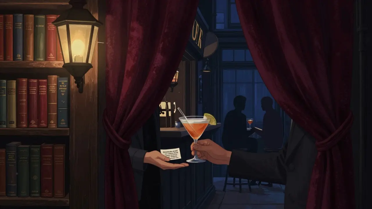 A hidden Victorian pub with bookshelf entrance, serving a cocktail with a printed Shakespeare quote.