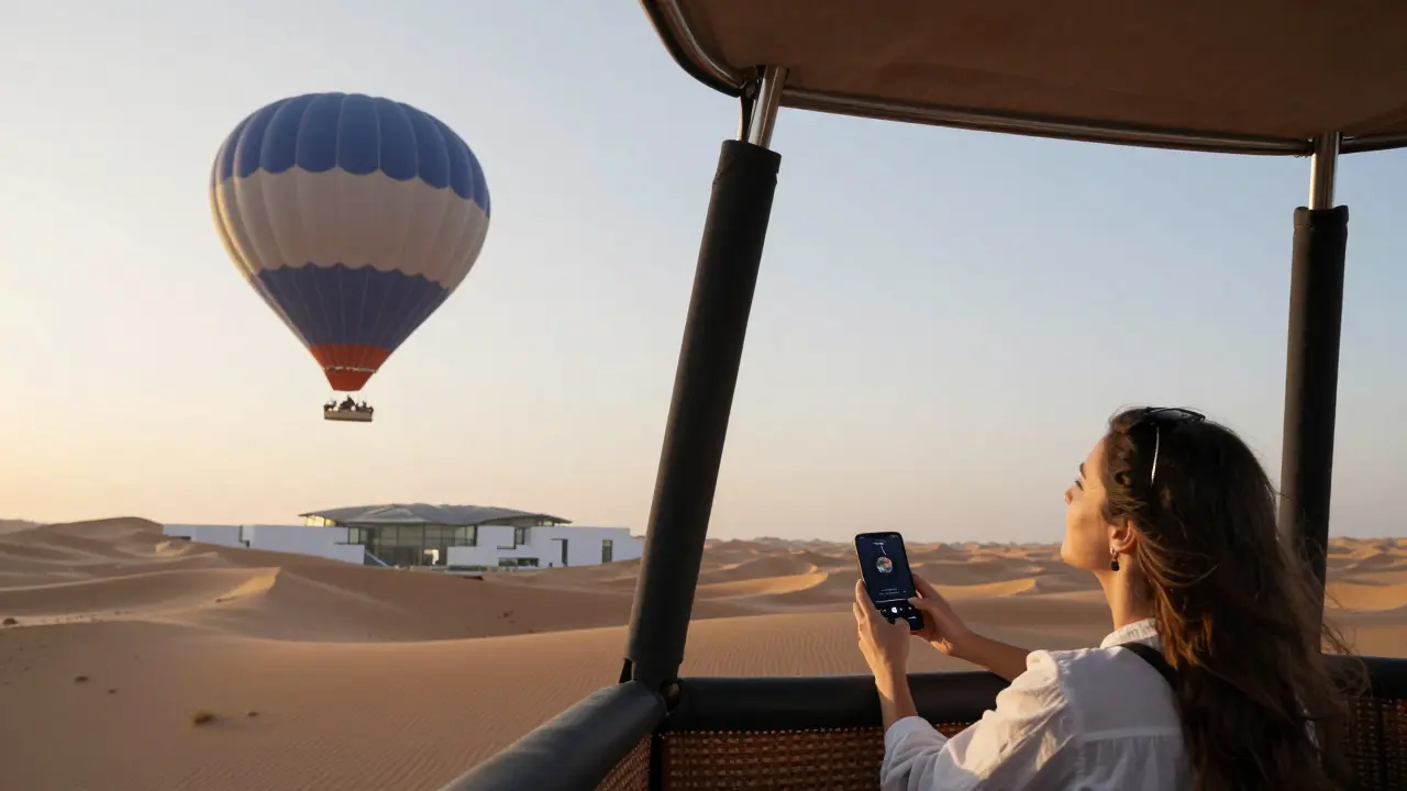 A hot air balloon floating over desert dunes at sunrise with soft music playing.