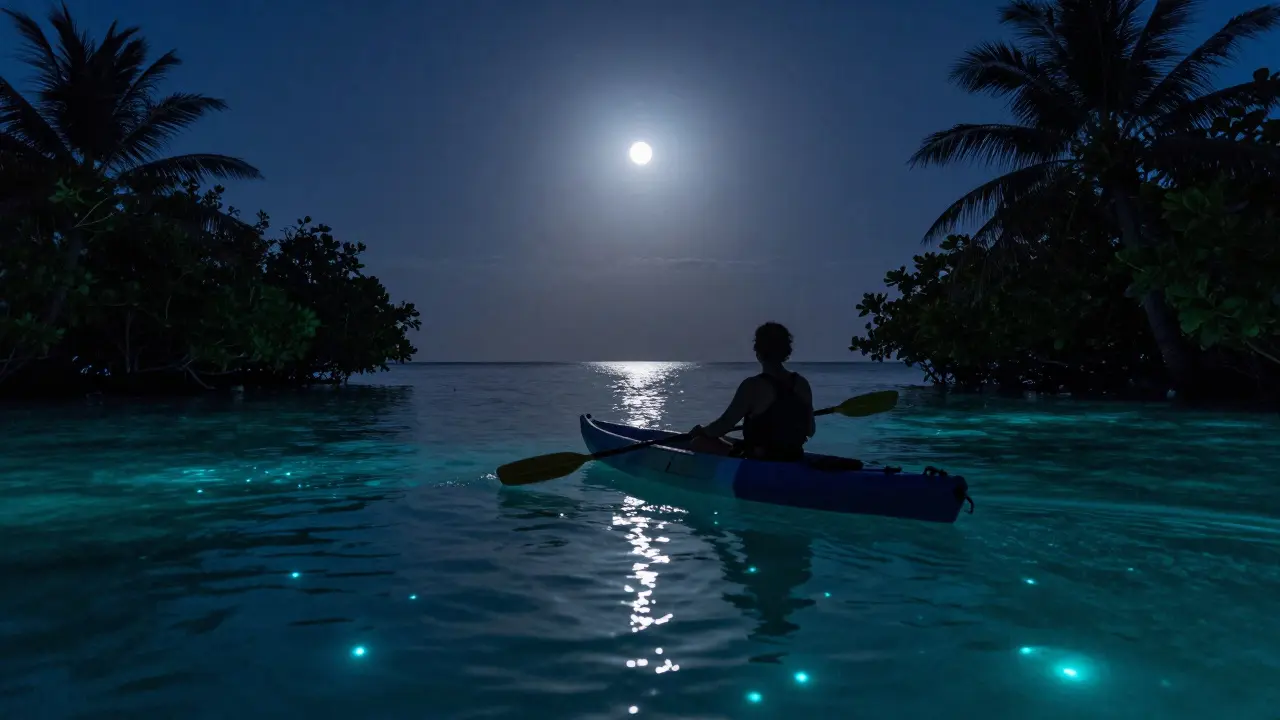 A kayak gliding through glowing mangroves under a full moon at midnight.