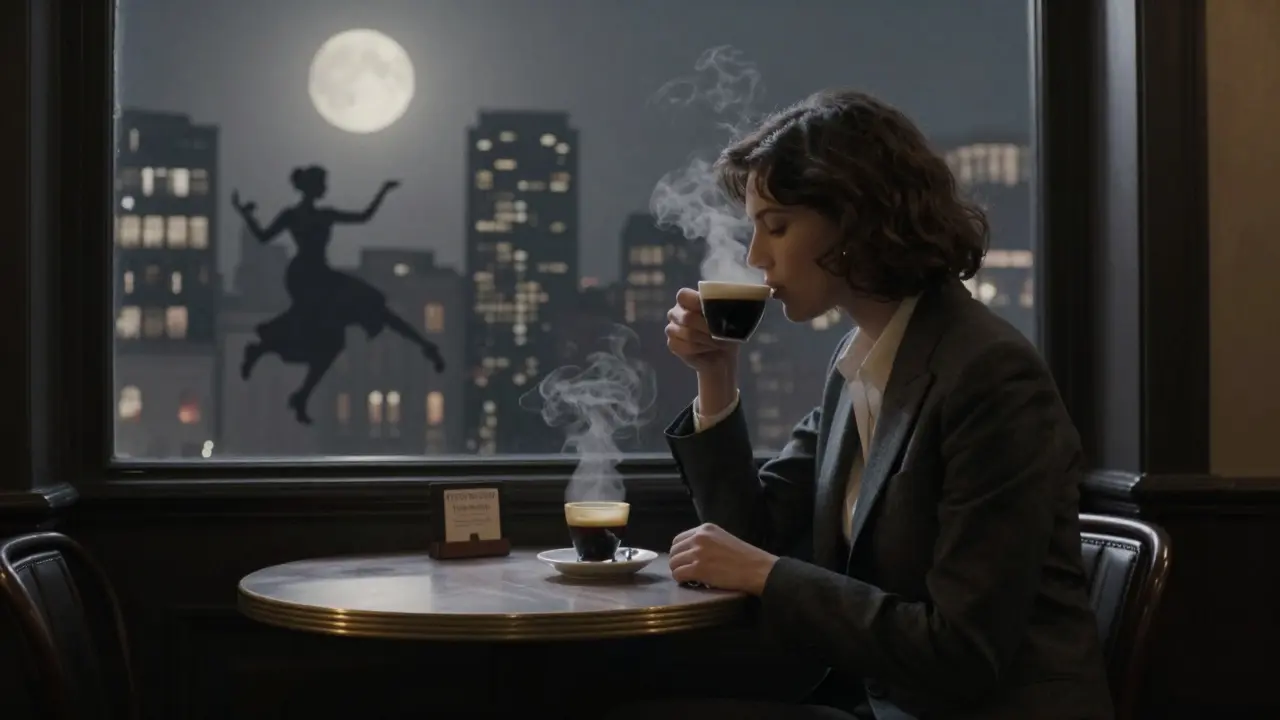 A lone person drinking espresso at 3 a.m. in Milan, with steam rising into the shape of a whispering figure against the city skyline.