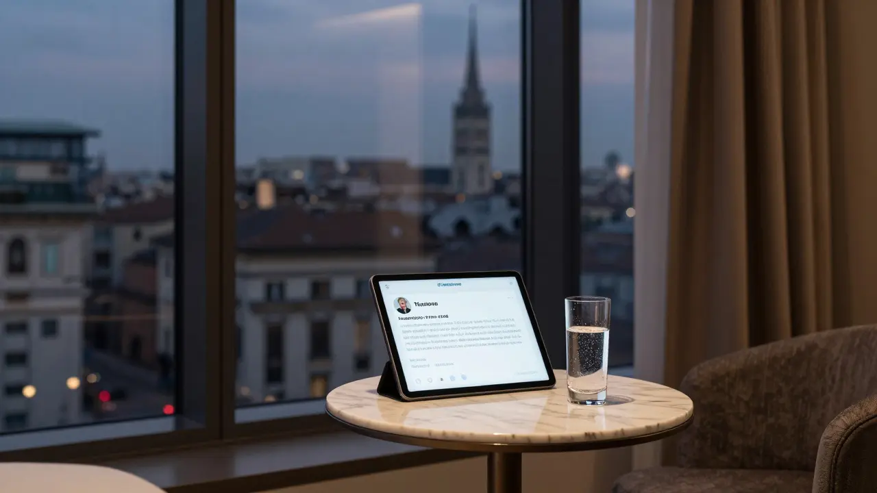 A luxurious hotel suite in Milan with subtle signs of professionalism and privacy, no people present.