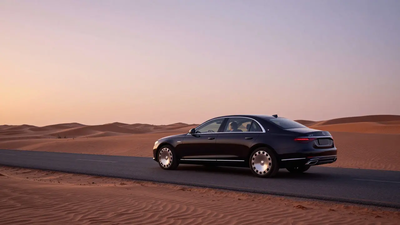 A luxury car drives silently along desert dunes at sunset, passenger lost in thought by the window.