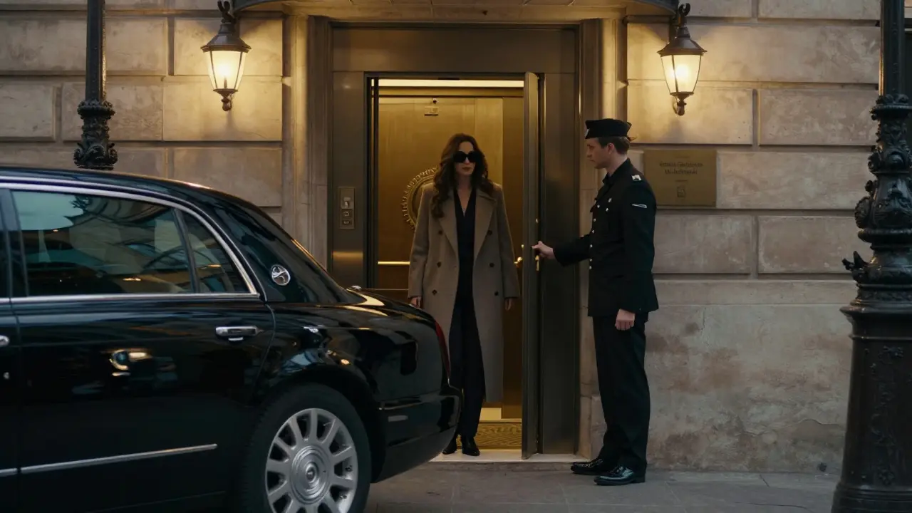 A luxury hotel entrance at night, a woman exiting discreetly as a doorman holds the door open.