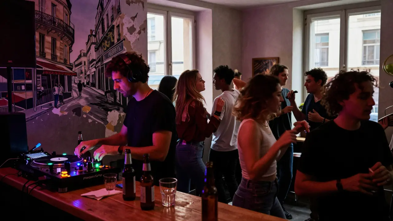 A packed basement bar in Belleville with dancers moving to Afrobeat and French house music at midnight.
