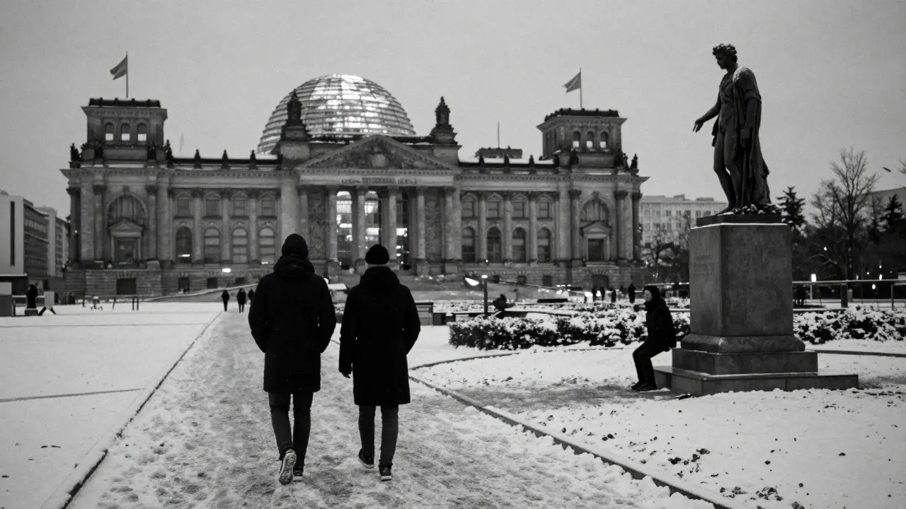 A person walks through Tiergarten at dusk, joined by another in silent companionship beneath a winter sky.