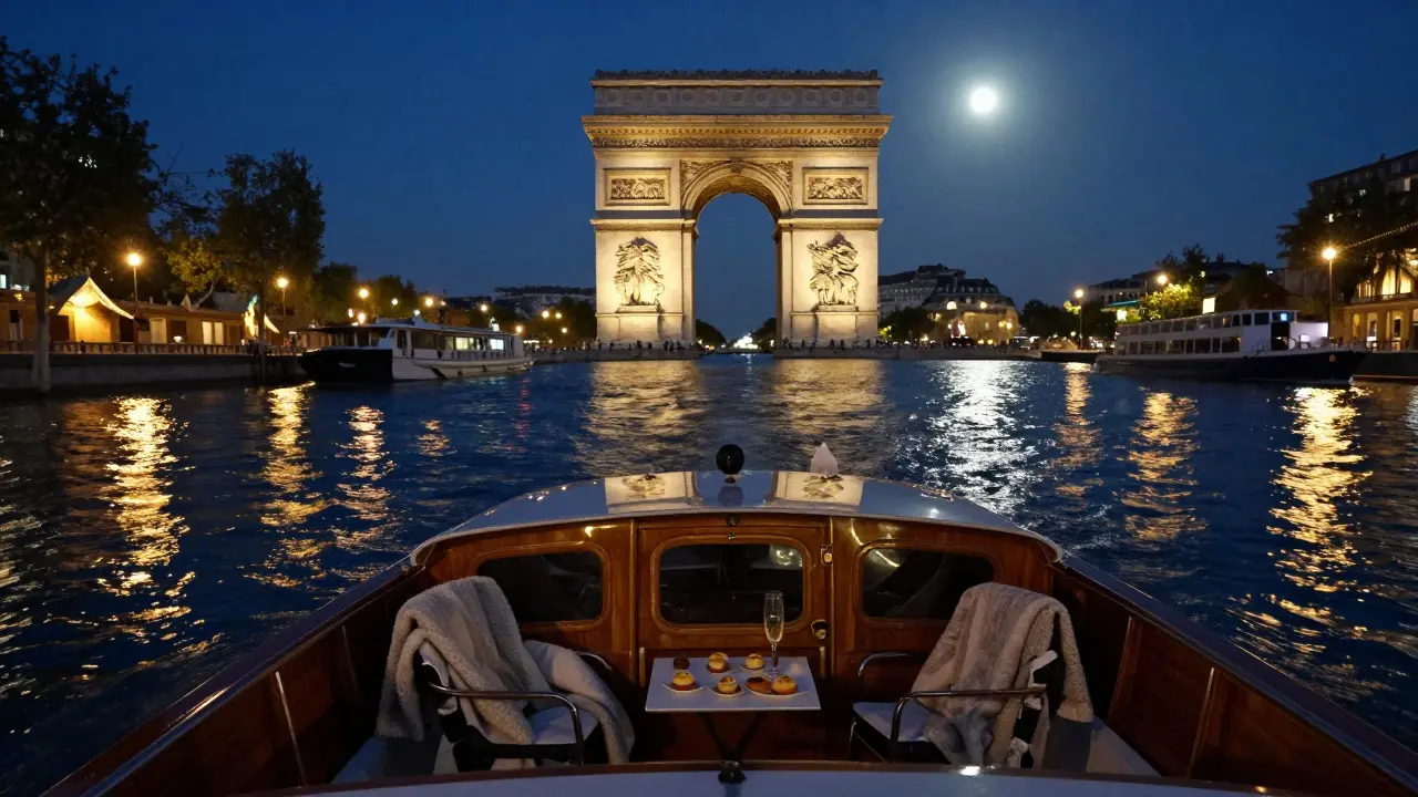 A private boat drifts under a Parisian bridge at midnight, city lights reflecting on the calm river.