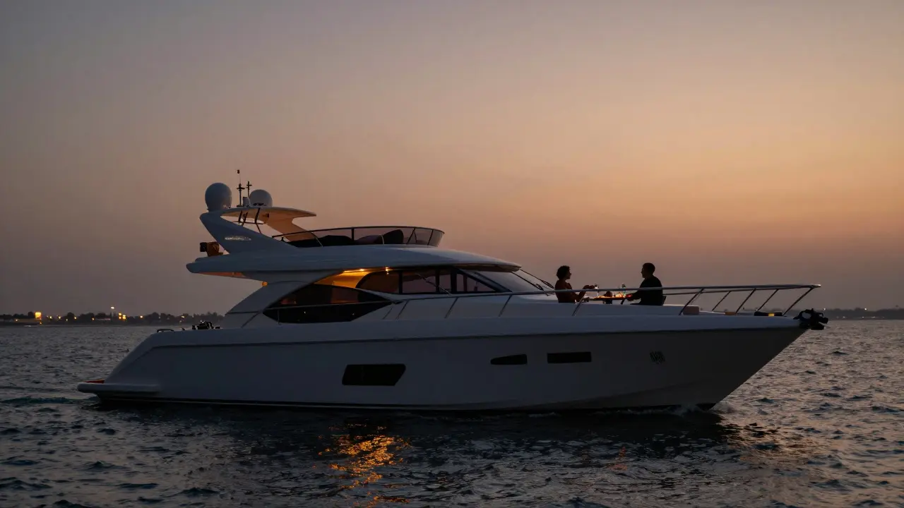 A private yacht at dusk with two silhouettes sharing wine, gliding along the Corniche under golden light.